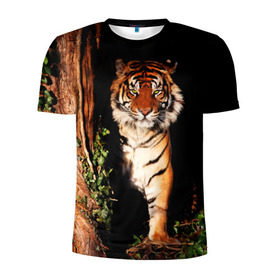 Мужская футболка 3D спортивная с принтом Тигр в Екатеринбурге, 100% полиэстер с улучшенными характеристиками | приталенный силуэт, круглая горловина, широкие плечи, сужается к линии бедра | Тематика изображения на принте: дикая кошка | лес | природа | тигр | хищник