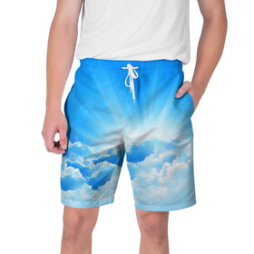 Мужские шорты 3D с принтом Небо в Екатеринбурге,  полиэстер 100% | прямой крой, два кармана без застежек по бокам. Мягкая трикотажная резинка на поясе, внутри которой широкие завязки. Длина чуть выше колен | небо | облако | синяя | солнце