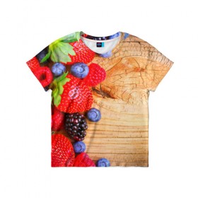 Детская футболка 3D с принтом Ягодки в Екатеринбурге, 100% гипоаллергенный полиэфир | прямой крой, круглый вырез горловины, длина до линии бедер, чуть спущенное плечо, ткань немного тянется | красная | малина | новая | ягода | ягодная