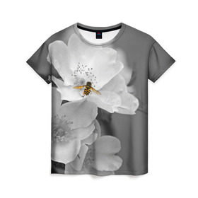 Женская футболка 3D с принтом Пчела на цветах в Екатеринбурге, 100% полиэфир ( синтетическое хлопкоподобное полотно) | прямой крой, круглый вырез горловины, длина до линии бедер | лепестки | цветы