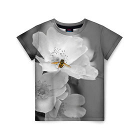 Детская футболка 3D с принтом Пчела на цветах в Екатеринбурге, 100% гипоаллергенный полиэфир | прямой крой, круглый вырез горловины, длина до линии бедер, чуть спущенное плечо, ткань немного тянется | Тематика изображения на принте: лепестки | цветы