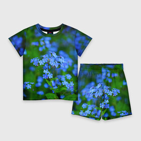 Детский костюм с шортами 3D с принтом Синие цветы в Екатеринбурге,  |  | лепестки | прикольные картинки | цветочки | цветы