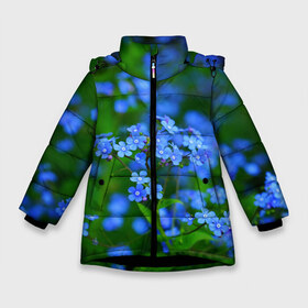 Зимняя куртка для девочек 3D с принтом Синие цветы в Екатеринбурге, ткань верха — 100% полиэстер; подклад — 100% полиэстер, утеплитель — 100% полиэстер. | длина ниже бедра, удлиненная спинка, воротник стойка и отстегивающийся капюшон. Есть боковые карманы с листочкой на кнопках, утяжки по низу изделия и внутренний карман на молнии. 

Предусмотрены светоотражающий принт на спинке, радужный светоотражающий элемент на пуллере молнии и на резинке для утяжки. | лепестки | прикольные картинки | цветочки | цветы
