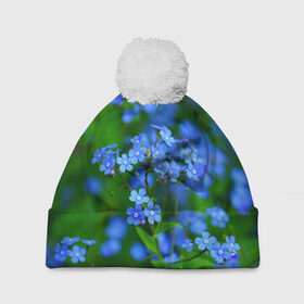 Шапка 3D c помпоном с принтом Синие цветы в Екатеринбурге, 100% полиэстер | универсальный размер, печать по всей поверхности изделия | лепестки | прикольные картинки | цветочки | цветы