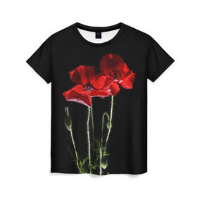 Женская футболка 3D с принтом Маки в Екатеринбурге, 100% полиэфир ( синтетическое хлопкоподобное полотно) | прямой крой, круглый вырез горловины, длина до линии бедер | background | black | flowers | poppies | poppy | red | wild | красные | мак | маки | полевые | фон | цветы | черный