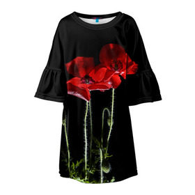 Детское платье 3D с принтом Маки в Екатеринбурге, 100% полиэстер | прямой силуэт, чуть расширенный к низу. Круглая горловина, на рукавах — воланы | background | black | flowers | poppies | poppy | red | wild | красные | мак | маки | полевые | фон | цветы | черный