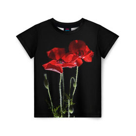 Детская футболка 3D с принтом Маки в Екатеринбурге, 100% гипоаллергенный полиэфир | прямой крой, круглый вырез горловины, длина до линии бедер, чуть спущенное плечо, ткань немного тянется | background | black | flowers | poppies | poppy | red | wild | красные | мак | маки | полевые | фон | цветы | черный