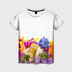 Женская футболка 3D с принтом Среди цветов в Екатеринбурге, 100% полиэфир ( синтетическое хлопкоподобное полотно) | прямой крой, круглый вырез горловины, длина до линии бедер | аромат | букет | вазон | великолепие | краски | красота | куст | луг | полевые цветы | полянка | природа | растения | украшение | фауна | цветник | цветы
