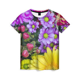 Женская футболка 3D с принтом Роскошные цветы в Екатеринбурге, 100% полиэфир ( синтетическое хлопкоподобное полотно) | прямой крой, круглый вырез горловины, длина до линии бедер | аромат | астры | букет | вазон | великолепие | гвоздики | гиацинт | гортензия | калла | краски | красота | куст | лилия | орхидея | пион | подсолнух | полевые цветы | природа | растения | розы | ромашки