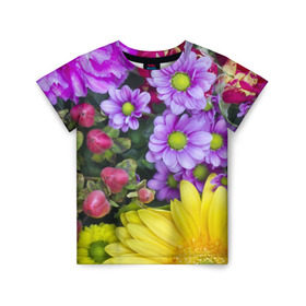 Детская футболка 3D с принтом Роскошные цветы в Екатеринбурге, 100% гипоаллергенный полиэфир | прямой крой, круглый вырез горловины, длина до линии бедер, чуть спущенное плечо, ткань немного тянется | аромат | астры | букет | вазон | великолепие | гвоздики | гиацинт | гортензия | калла | краски | красота | куст | лилия | орхидея | пион | подсолнух | полевые цветы | природа | растения | розы | ромашки