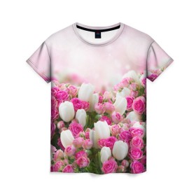 Женская футболка 3D с принтом Нежные розы в Екатеринбурге, 100% полиэфир ( синтетическое хлопкоподобное полотно) | прямой крой, круглый вырез горловины, длина до линии бедер | аромат | букет | вазон | великолепие | краски | красота | куст | нежность | природа | растения | розы | украшение | фауна | цветник | цветы