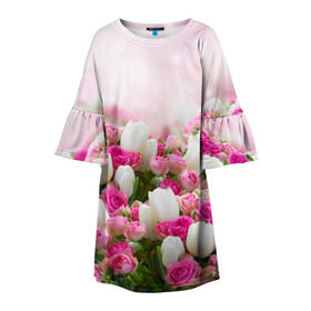 Детское платье 3D с принтом Нежные розы в Екатеринбурге, 100% полиэстер | прямой силуэт, чуть расширенный к низу. Круглая горловина, на рукавах — воланы | аромат | букет | вазон | великолепие | краски | красота | куст | нежность | природа | растения | розы | украшение | фауна | цветник | цветы