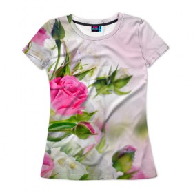 Женская футболка 3D с принтом Алые розы в Екатеринбурге, 100% полиэфир ( синтетическое хлопкоподобное полотно) | прямой крой, круглый вырез горловины, длина до линии бедер | аромат | букет | вазон | великолепие | краски | красота | куст | нежность | природа | растения | розы | украшение | фауна | цветник | цветы