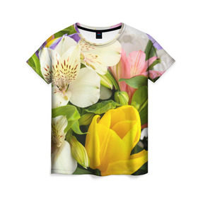 Женская футболка 3D с принтом Красивый букет в Екатеринбурге, 100% полиэфир ( синтетическое хлопкоподобное полотно) | прямой крой, круглый вырез горловины, длина до линии бедер | аромат | астры | букет | вазон | великолепие | гвоздики | гиацинт | гортензия | калла | краски | красота | куст | лилия | орхидея | пион | подсолнух | полевые цветы | природа | растения | розы | ромашки