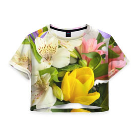 Женская футболка 3D укороченная с принтом Красивый букет в Екатеринбурге, 100% полиэстер | круглая горловина, длина футболки до линии талии, рукава с отворотами | аромат | астры | букет | вазон | великолепие | гвоздики | гиацинт | гортензия | калла | краски | красота | куст | лилия | орхидея | пион | подсолнух | полевые цветы | природа | растения | розы | ромашки