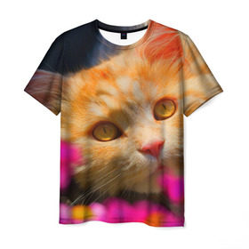 Мужская футболка 3D с принтом Кошечка в Екатеринбурге, 100% полиэфир | прямой крой, круглый вырез горловины, длина до линии бедер | животные | кот | кошка | милая | рыжий