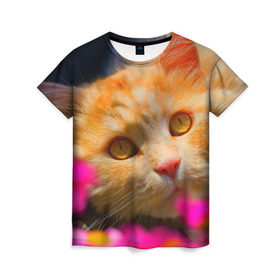 Женская футболка 3D с принтом Кошечка в Екатеринбурге, 100% полиэфир ( синтетическое хлопкоподобное полотно) | прямой крой, круглый вырез горловины, длина до линии бедер | животные | кот | кошка | милая | рыжий