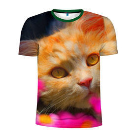 Мужская футболка 3D спортивная с принтом Кошечка в Екатеринбурге, 100% полиэстер с улучшенными характеристиками | приталенный силуэт, круглая горловина, широкие плечи, сужается к линии бедра | Тематика изображения на принте: животные | кот | кошка | милая | рыжий