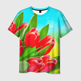 Мужская футболка 3D с принтом Тюльпаны в Екатеринбурге, 100% полиэфир | прямой крой, круглый вырез горловины, длина до линии бедер | краснык | природа | тюльпан | цветок