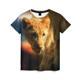 Женская футболка 3D с принтом Львица в Екатеринбурге, 100% полиэфир ( синтетическое хлопкоподобное полотно) | прямой крой, круглый вырез горловины, длина до линии бедер | lion | голова животного | дикая кошка | кот | лев | цвет