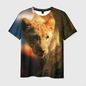 Мужская футболка 3D с принтом Львица в Екатеринбурге, 100% полиэфир | прямой крой, круглый вырез горловины, длина до линии бедер | lion | голова животного | дикая кошка | кот | лев | цвет