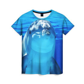 Женская футболка 3D с принтом Дельфин в Екатеринбурге, 100% полиэфир ( синтетическое хлопкоподобное полотно) | прямой крой, круглый вырез горловины, длина до линии бедер | вода | дельфин | море | отдых | отпуск | подводный мир | туризм
