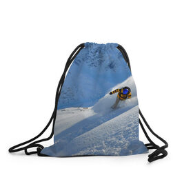 Рюкзак-мешок 3D с принтом Спуск в Екатеринбурге, 100% полиэстер | плотность ткани — 200 г/м2, размер — 35 х 45 см; лямки — толстые шнурки, застежка на шнуровке, без карманов и подкладки | Тематика изображения на принте: гора | зима | лыжник | снег | спорт | спуск