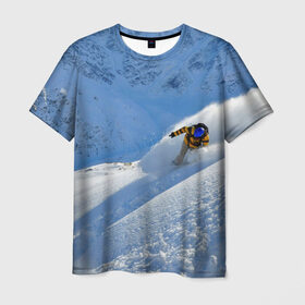 Мужская футболка 3D с принтом Спуск в Екатеринбурге, 100% полиэфир | прямой крой, круглый вырез горловины, длина до линии бедер | Тематика изображения на принте: гора | зима | лыжник | снег | спорт | спуск