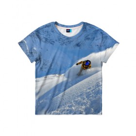 Детская футболка 3D с принтом Спуск в Екатеринбурге, 100% гипоаллергенный полиэфир | прямой крой, круглый вырез горловины, длина до линии бедер, чуть спущенное плечо, ткань немного тянется | Тематика изображения на принте: гора | зима | лыжник | снег | спорт | спуск