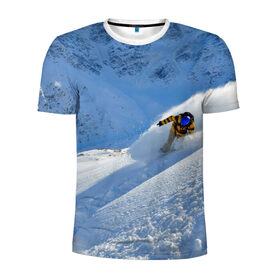 Мужская футболка 3D спортивная с принтом Спуск в Екатеринбурге, 100% полиэстер с улучшенными характеристиками | приталенный силуэт, круглая горловина, широкие плечи, сужается к линии бедра | гора | зима | лыжник | снег | спорт | спуск