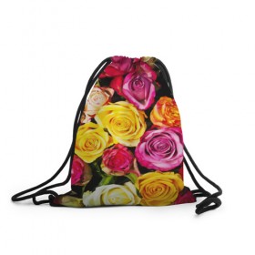 Рюкзак-мешок 3D с принтом Букет роз в Екатеринбурге, 100% полиэстер | плотность ткани — 200 г/м2, размер — 35 х 45 см; лямки — толстые шнурки, застежка на шнуровке, без карманов и подкладки | жёлтый | красный | лепестки | прикольные картинки | розы | цветочки | цветы