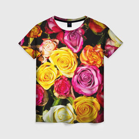 Женская футболка 3D с принтом Букет роз в Екатеринбурге, 100% полиэфир ( синтетическое хлопкоподобное полотно) | прямой крой, круглый вырез горловины, длина до линии бедер | Тематика изображения на принте: жёлтый | красный | лепестки | прикольные картинки | розы | цветочки | цветы