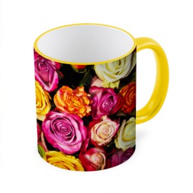 Кружка 3D с принтом Букет роз в Екатеринбурге, керамика | ёмкость 330 мл | жёлтый | красный | лепестки | прикольные картинки | розы | цветочки | цветы