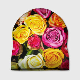 Шапка 3D с принтом Букет роз в Екатеринбурге, 100% полиэстер | универсальный размер, печать по всей поверхности изделия | жёлтый | красный | лепестки | прикольные картинки | розы | цветочки | цветы
