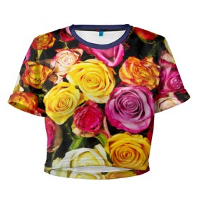 Женская футболка 3D укороченная с принтом Букет роз в Екатеринбурге, 100% полиэстер | круглая горловина, длина футболки до линии талии, рукава с отворотами | жёлтый | красный | лепестки | прикольные картинки | розы | цветочки | цветы