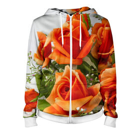 Женская толстовка 3D на молнии с принтом Розы в Екатеринбурге, 100% полиэстер | длина до линии бедра, манжеты и пояс оформлены мягкой тканевой резинкой, двухслойный капюшон со шнурком для регулировки, спереди молния, по бокам два кармана | бабочки | весна | краски | лето | осень | розы | цветок | цветы