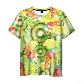 Мужская футболка 3D с принтом Веселые фрукты 2 в Екатеринбурге, 100% полиэфир | прямой крой, круглый вырез горловины, длина до линии бедер | апельсин | арбуз | банан | виноград | груша | киви | мороженое | овощи | питание | ппп | правильное | тайланд | фрукт | яблоко