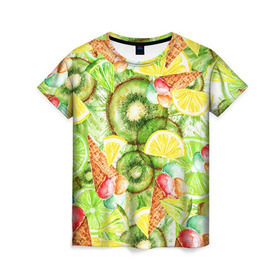 Женская футболка 3D с принтом Веселые фрукты 2 в Екатеринбурге, 100% полиэфир ( синтетическое хлопкоподобное полотно) | прямой крой, круглый вырез горловины, длина до линии бедер | апельсин | арбуз | банан | виноград | груша | киви | мороженое | овощи | питание | ппп | правильное | тайланд | фрукт | яблоко