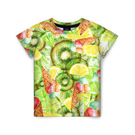 Детская футболка 3D с принтом Веселые фрукты 2 в Екатеринбурге, 100% гипоаллергенный полиэфир | прямой крой, круглый вырез горловины, длина до линии бедер, чуть спущенное плечо, ткань немного тянется | апельсин | арбуз | банан | виноград | груша | киви | мороженое | овощи | питание | ппп | правильное | тайланд | фрукт | яблоко