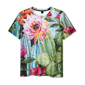 Мужская футболка 3D с принтом Зелень в Екатеринбурге, 100% полиэфир | прямой крой, круглый вырез горловины, длина до линии бедер | кактусы | лилия | тропики | цветы