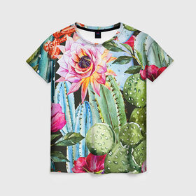 Женская футболка 3D с принтом Зелень в Екатеринбурге, 100% полиэфир ( синтетическое хлопкоподобное полотно) | прямой крой, круглый вырез горловины, длина до линии бедер | кактусы | лилия | тропики | цветы