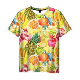 Мужская футболка 3D с принтом Веселые фрукты 1 в Екатеринбурге, 100% полиэфир | прямой крой, круглый вырез горловины, длина до линии бедер | апельсин | арбуз | банан | виноград | груша | киви | овощи | питание | ппп | правильное | тайланд | фрукт | яблоко