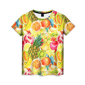 Женская футболка 3D с принтом Веселые фрукты 1 в Екатеринбурге, 100% полиэфир ( синтетическое хлопкоподобное полотно) | прямой крой, круглый вырез горловины, длина до линии бедер | апельсин | арбуз | банан | виноград | груша | киви | овощи | питание | ппп | правильное | тайланд | фрукт | яблоко