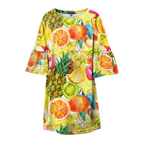 Детское платье 3D с принтом Веселые фрукты 1 в Екатеринбурге, 100% полиэстер | прямой силуэт, чуть расширенный к низу. Круглая горловина, на рукавах — воланы | апельсин | арбуз | банан | виноград | груша | киви | овощи | питание | ппп | правильное | тайланд | фрукт | яблоко