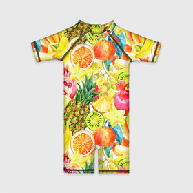 Детский купальный костюм 3D с принтом Веселые фрукты 1 в Екатеринбурге, Полиэстер 85%, Спандекс 15% | застежка на молнии на спине | апельсин | арбуз | банан | виноград | груша | киви | овощи | питание | ппп | правильное | тайланд | фрукт | яблоко
