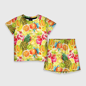 Детский костюм с шортами 3D с принтом Веселые фрукты 1 в Екатеринбурге,  |  | апельсин | арбуз | банан | виноград | груша | киви | овощи | питание | ппп | правильное | тайланд | фрукт | яблоко