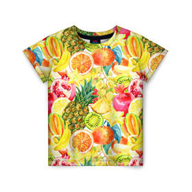 Детская футболка 3D с принтом Веселые фрукты 1 в Екатеринбурге, 100% гипоаллергенный полиэфир | прямой крой, круглый вырез горловины, длина до линии бедер, чуть спущенное плечо, ткань немного тянется | Тематика изображения на принте: апельсин | арбуз | банан | виноград | груша | киви | овощи | питание | ппп | правильное | тайланд | фрукт | яблоко
