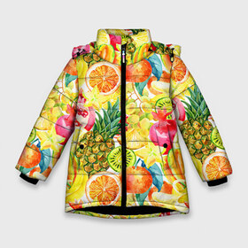 Зимняя куртка для девочек 3D с принтом Веселые фрукты 1 в Екатеринбурге, ткань верха — 100% полиэстер; подклад — 100% полиэстер, утеплитель — 100% полиэстер. | длина ниже бедра, удлиненная спинка, воротник стойка и отстегивающийся капюшон. Есть боковые карманы с листочкой на кнопках, утяжки по низу изделия и внутренний карман на молнии. 

Предусмотрены светоотражающий принт на спинке, радужный светоотражающий элемент на пуллере молнии и на резинке для утяжки. | Тематика изображения на принте: апельсин | арбуз | банан | виноград | груша | киви | овощи | питание | ппп | правильное | тайланд | фрукт | яблоко