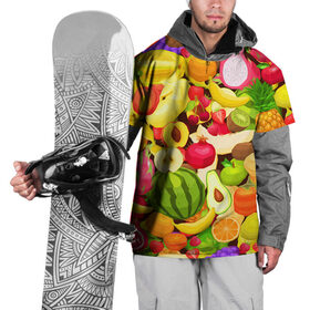 Накидка на куртку 3D с принтом Веселые фрукты в Екатеринбурге, 100% полиэстер |  | апельсин | арбуз | банан | виноград | груша | киви | овощи | питание | ппп | правильное | тайланд | фрукт | яблоко