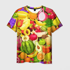 Мужская футболка 3D с принтом Веселые фрукты в Екатеринбурге, 100% полиэфир | прямой крой, круглый вырез горловины, длина до линии бедер | апельсин | арбуз | банан | виноград | груша | киви | овощи | питание | ппп | правильное | тайланд | фрукт | яблоко